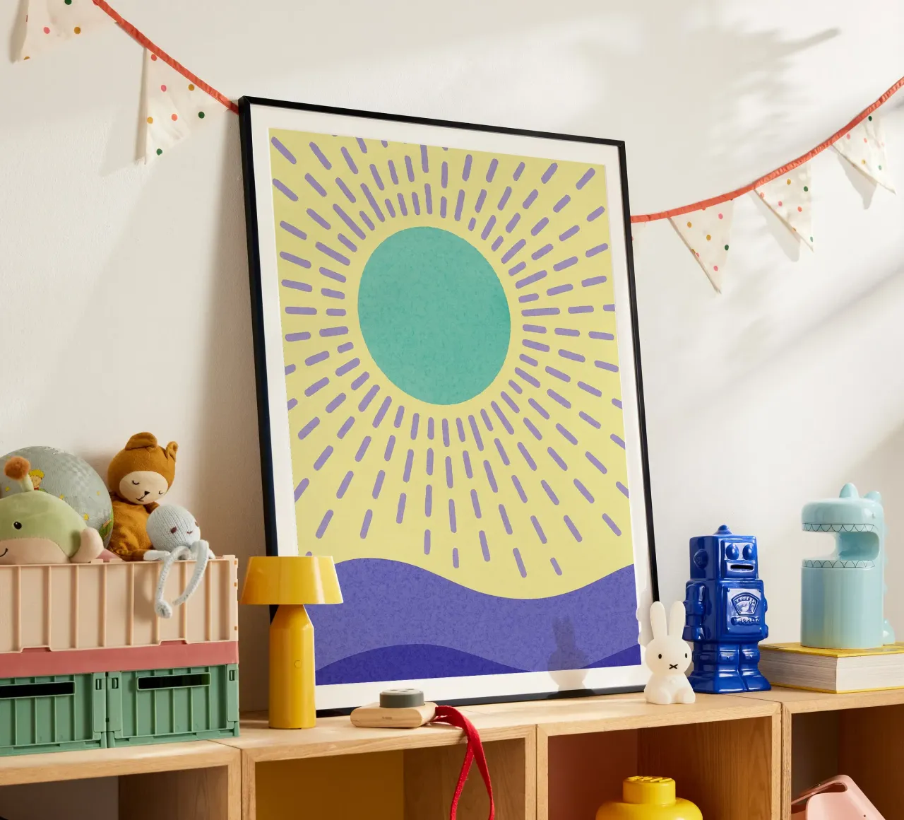 Sonne Abstrakte Kunst Poster mit Holzrahmen von Bulaxtims