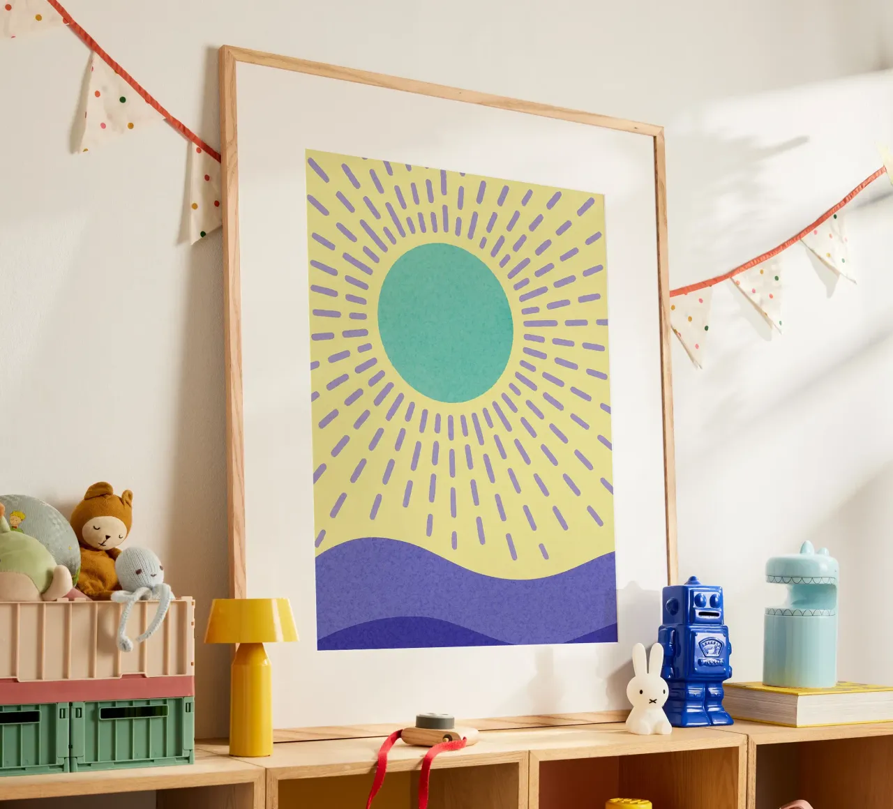 Sonne Abstrakte Kunst Poster mit Holzrahmen von Bulaxtims