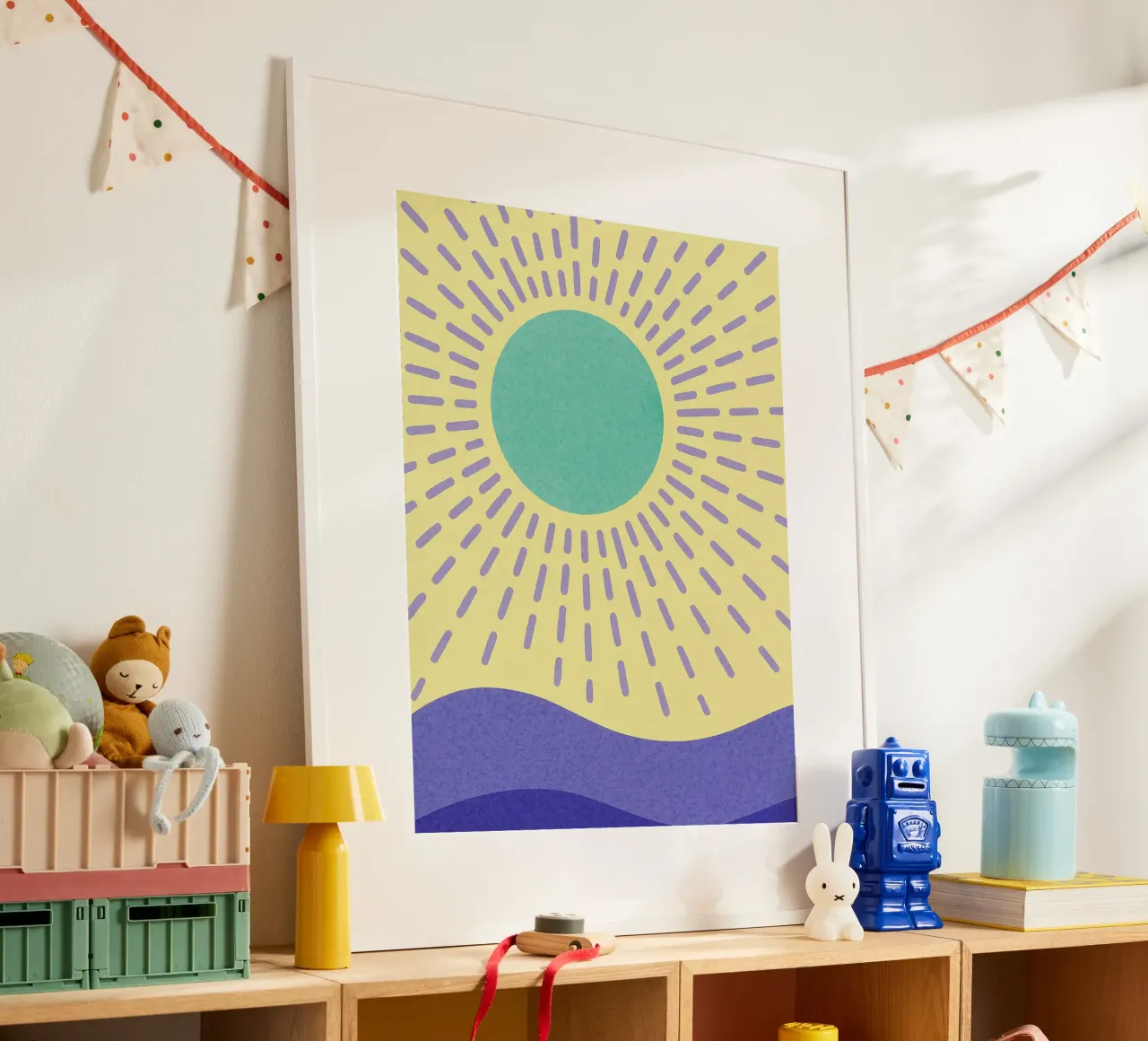 Sonne Abstrakte Kunst Poster mit Holzrahmen von Bulaxtims