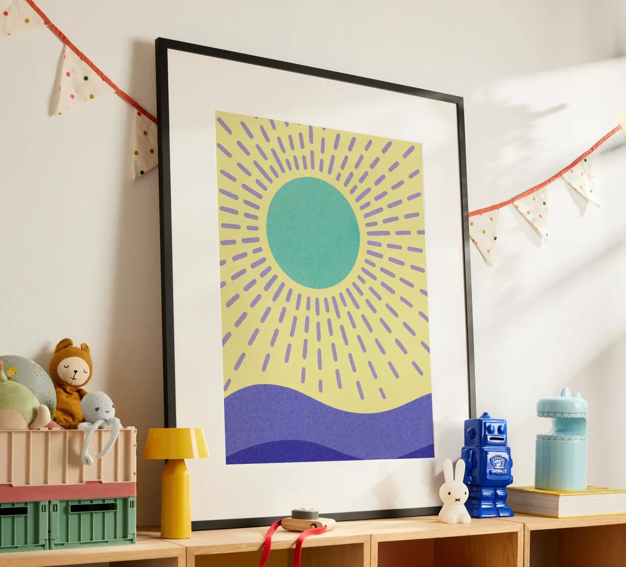 Sonne Abstrakte Kunst Poster mit Holzrahmen von Bulaxtims