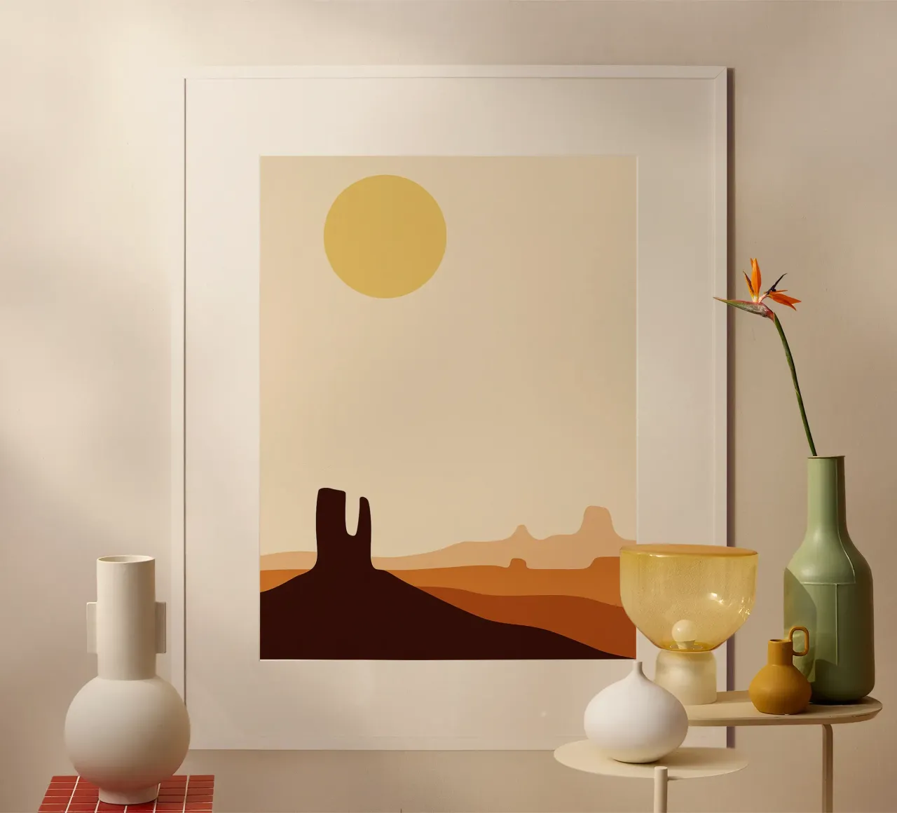 Sonne in der Wüste Abstrakte Kunst Poster mit Holzrahmen von Bulaxtims