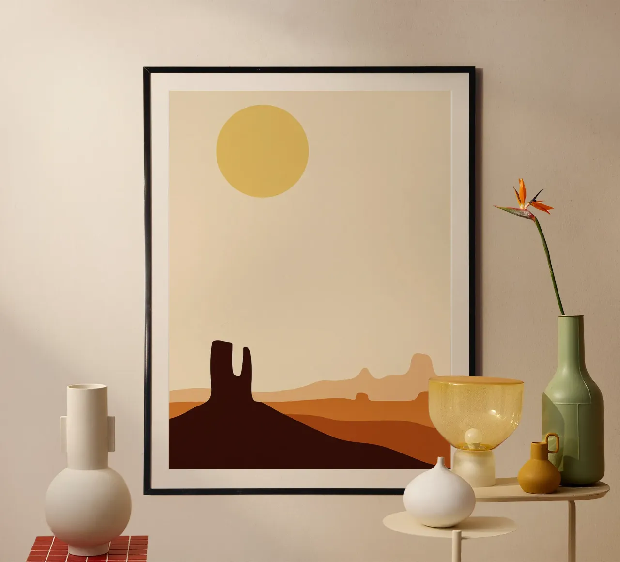 Sonne in der Wüste Abstrakte Kunst Poster mit Holzrahmen von Bulaxtims