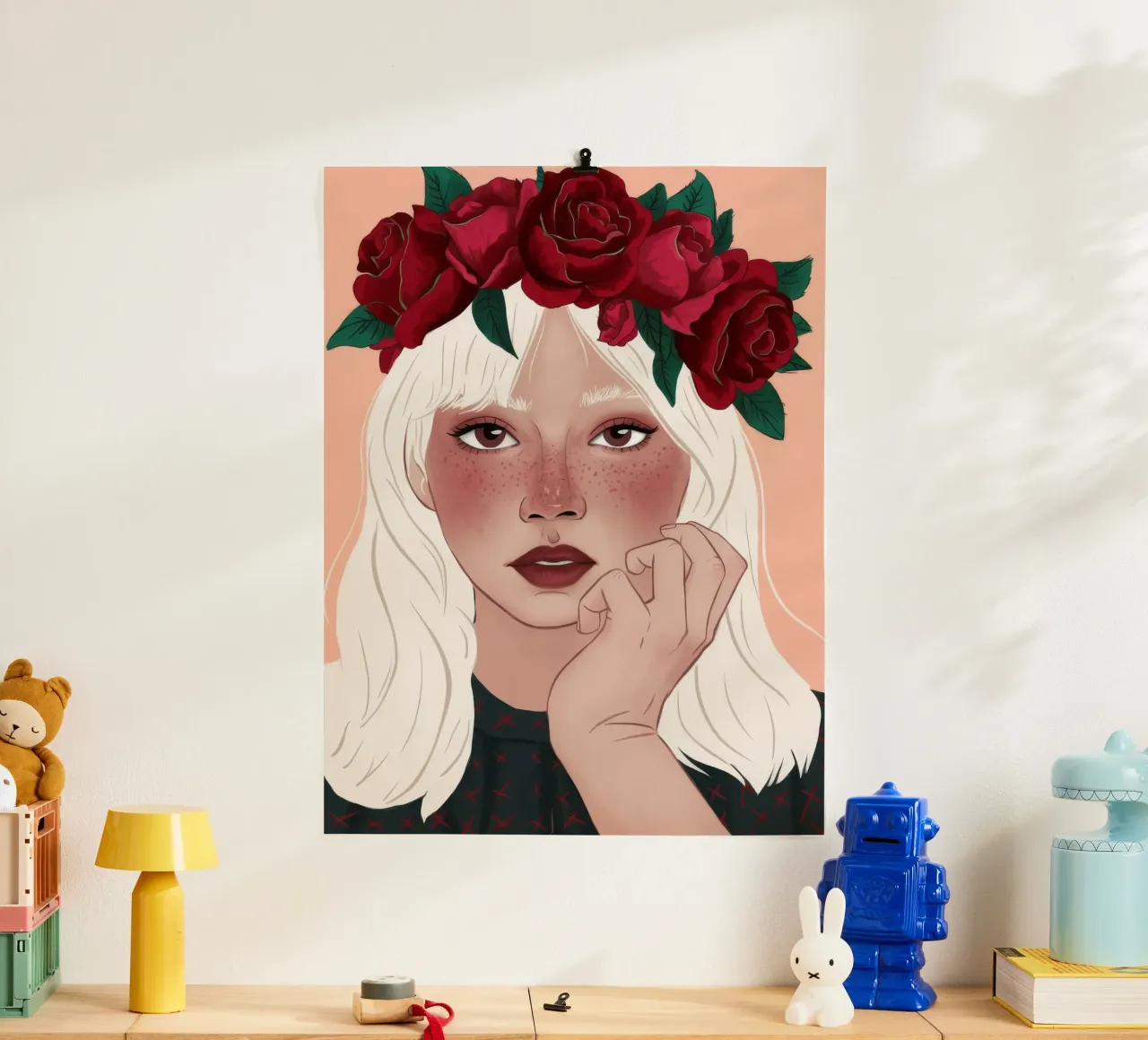 Reverie della rosa cremisi poster con telaio in legno da Aether Brush