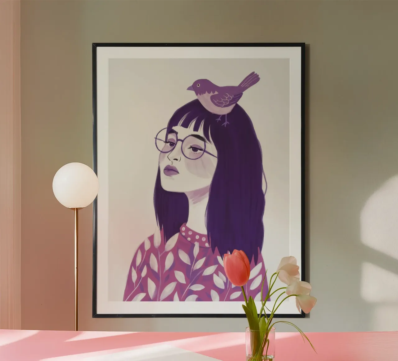 Sussurro del canto degli uccelli lilla poster con telaio in legno da Aether Brush