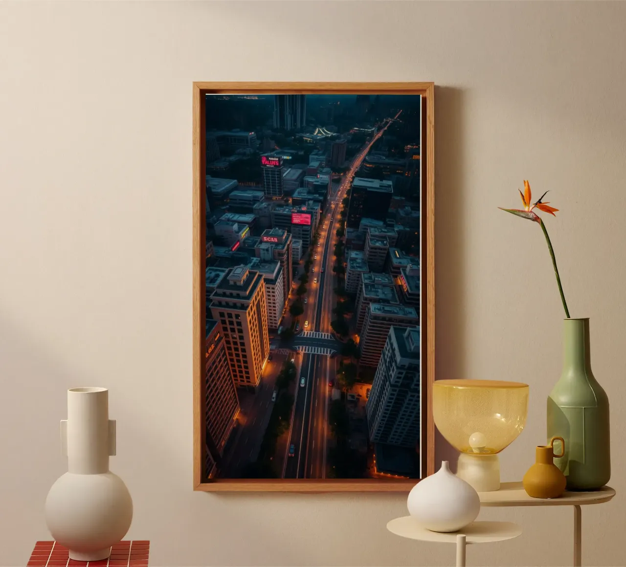 Urban evening skyline with lights illuminating city streets canvas with Floater frame by DesignDoodle