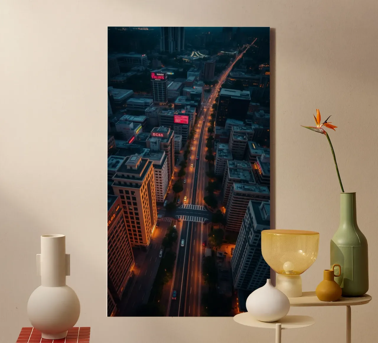Urban evening skyline with lights illuminating city streets canvas with Floater frame by DesignDoodle