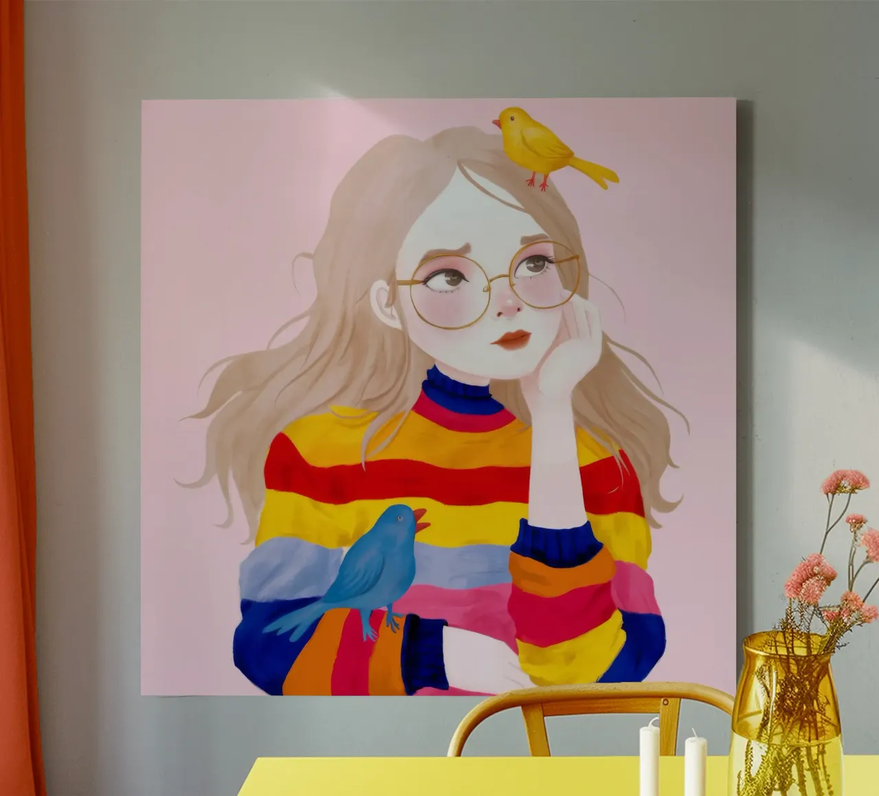 Melodía del canto de los pájaros del arco iris lienzo con Marco flotante de Aether Brush