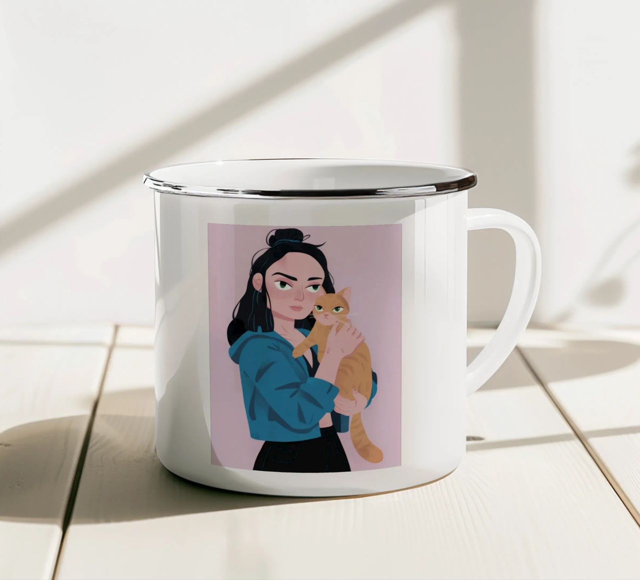 Tenero abbraccio felino tazza in smalto da Aether Brush