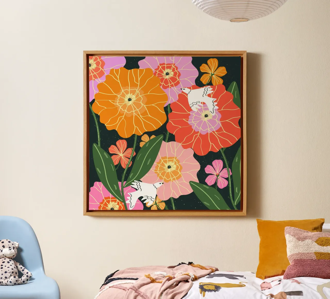 Sweet Summer Vibes - Illustrazione floreale e di uccelli tela con Cornice a cassetta da Silvie Illustration