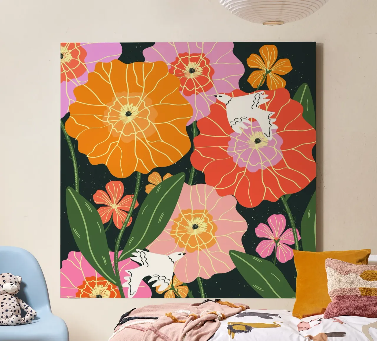 Sweet Summer Vibes - Illustrazione floreale e di uccelli tela con Cornice a cassetta da Silvie Illustration