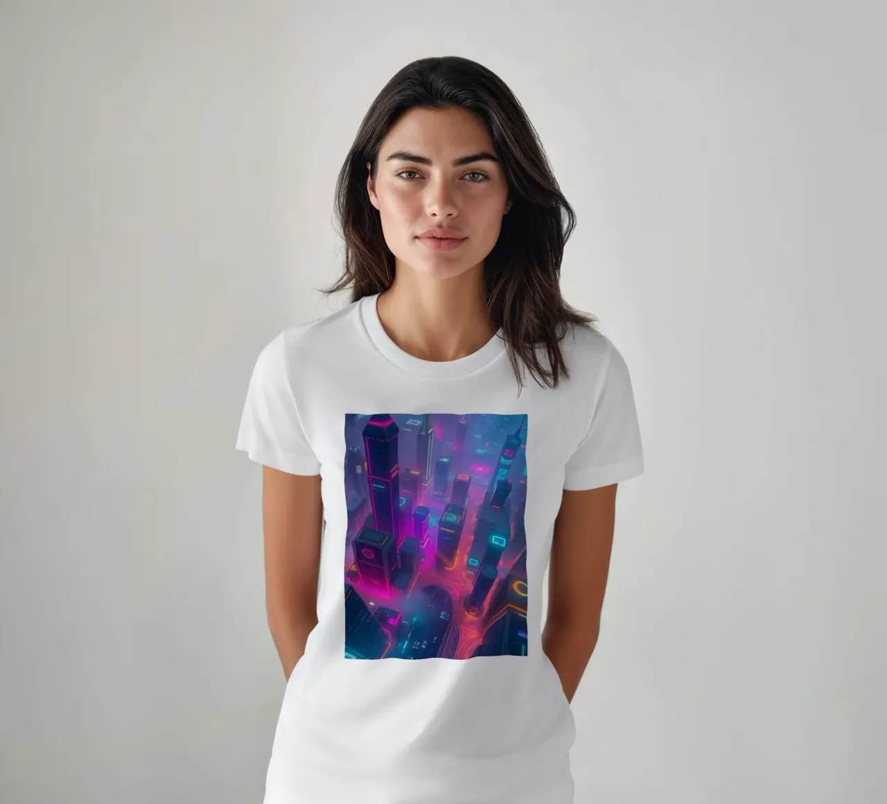 Vibrant neon city skyline with abstract glowing buildings t-shirt by DesignDoodle
