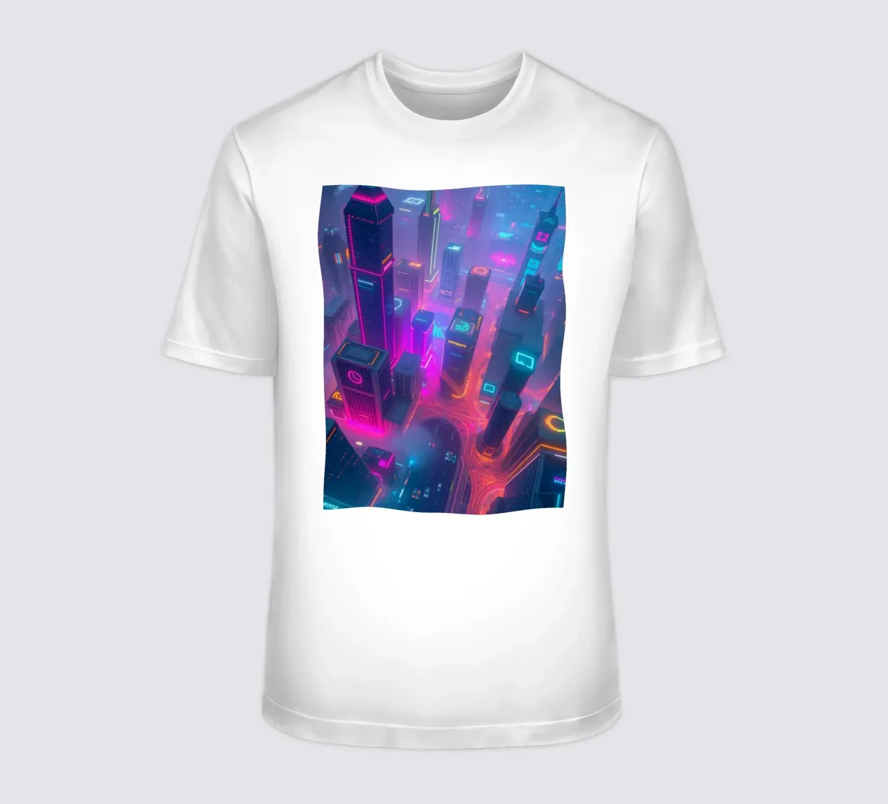 Vibrant neon city skyline with abstract glowing buildings t-shirt by DesignDoodle