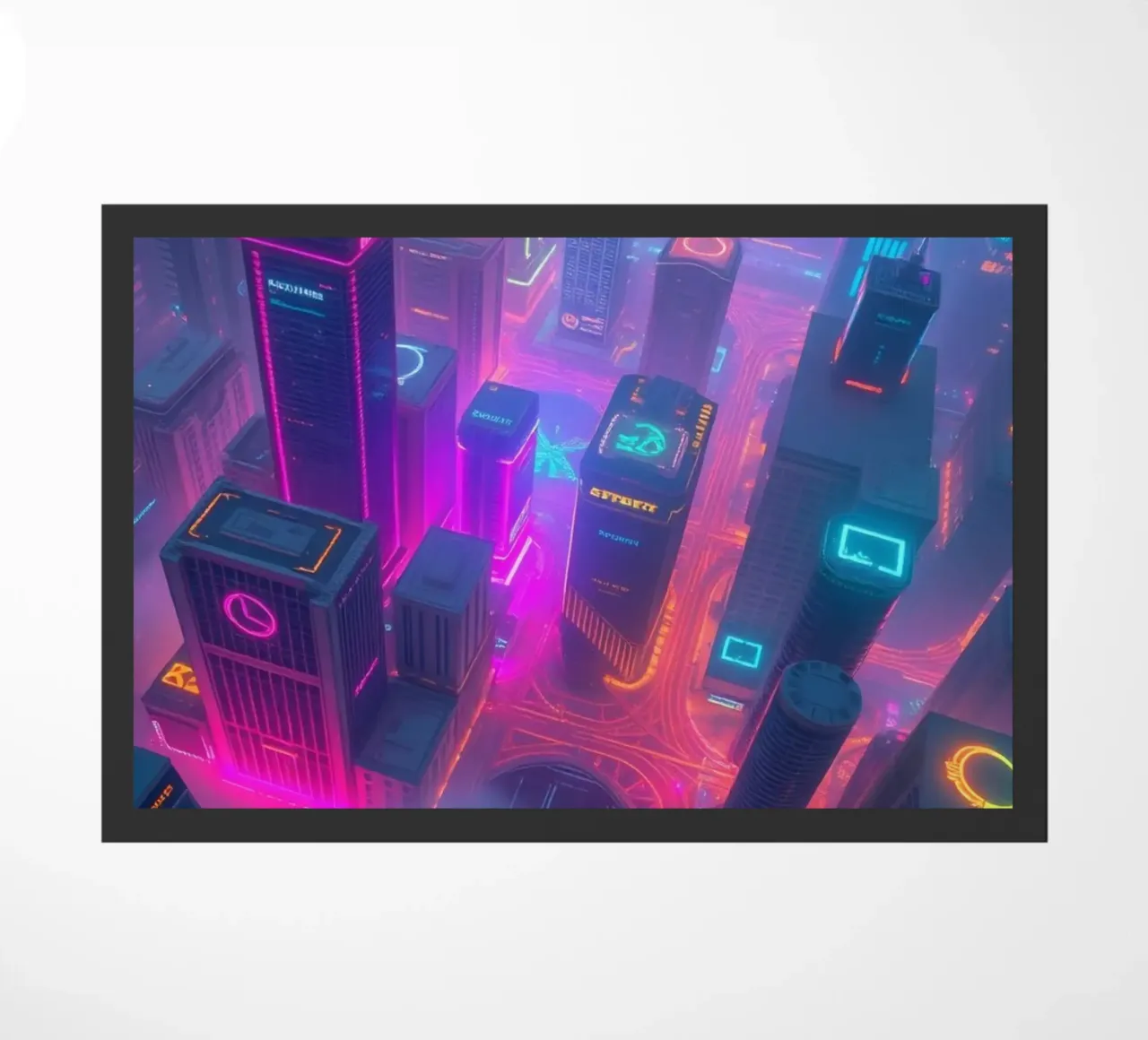 Levendige neon skyline met abstract oplichtende gebouwen deurmat van DesignDoodle