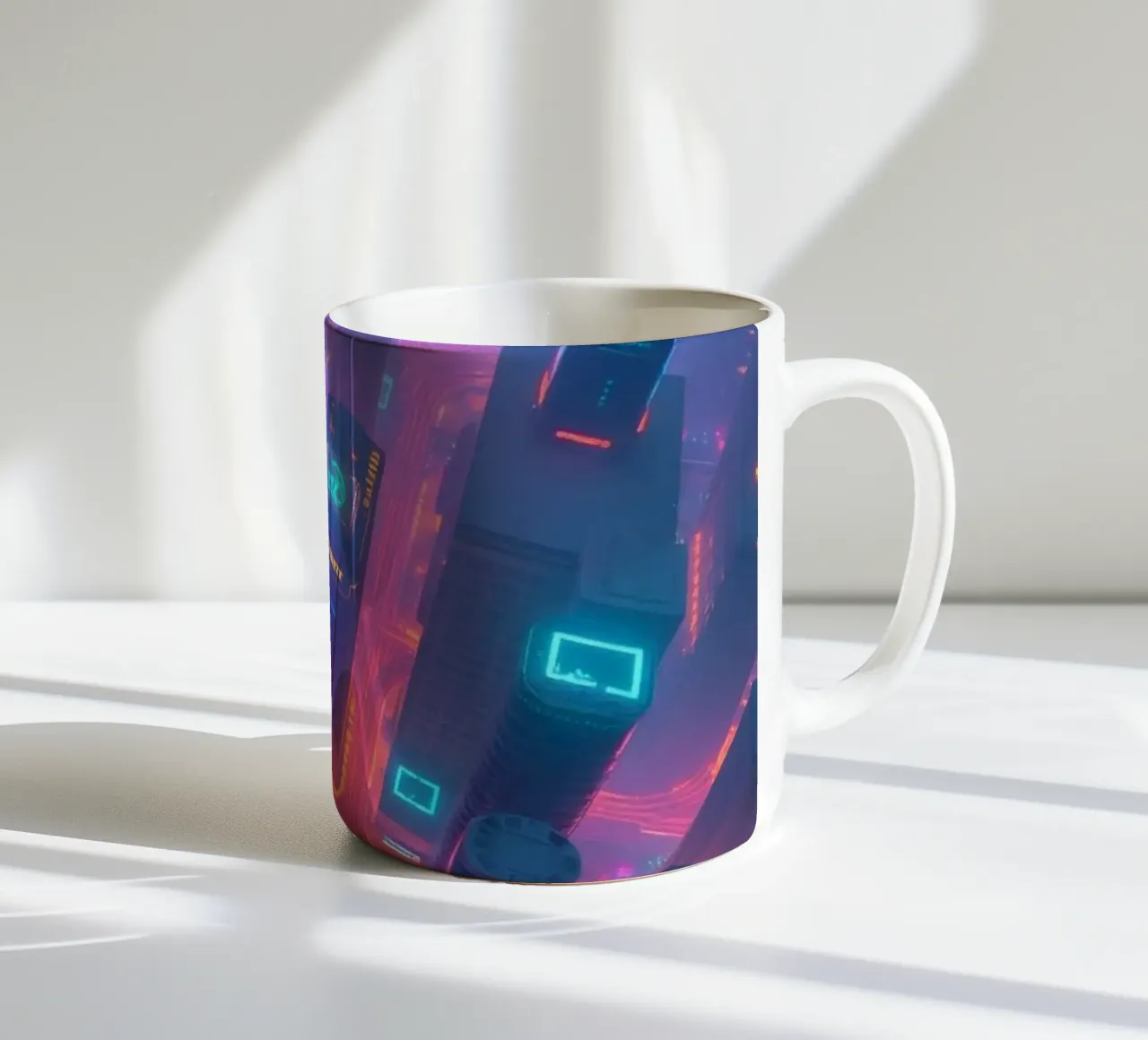 Levendige neon skyline met abstract oplichtende gebouwen keramische mok van DesignDoodle