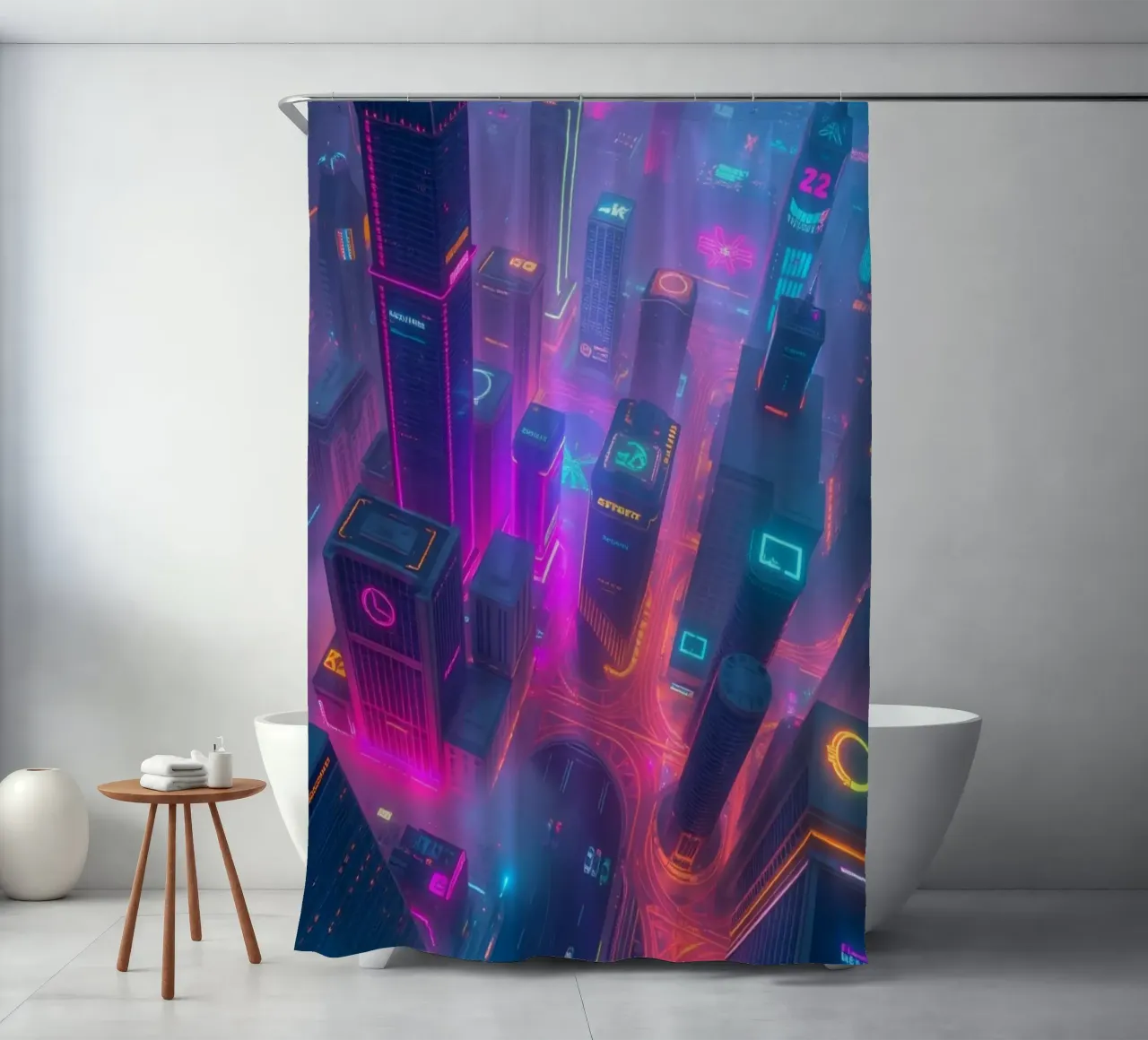 Lebendige Neon-Skyline mit abstrakten leuchtenden Gebäuden Duschvorhang von DesignDoodle