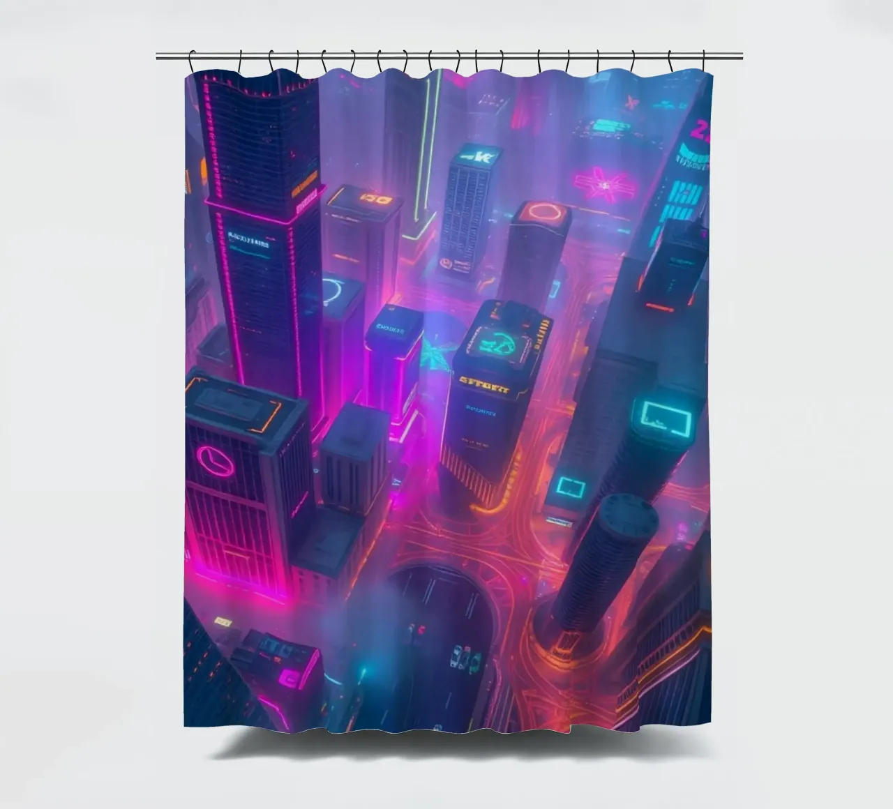 Lebendige Neon-Skyline mit abstrakten leuchtenden Gebäuden Duschvorhang von DesignDoodle
