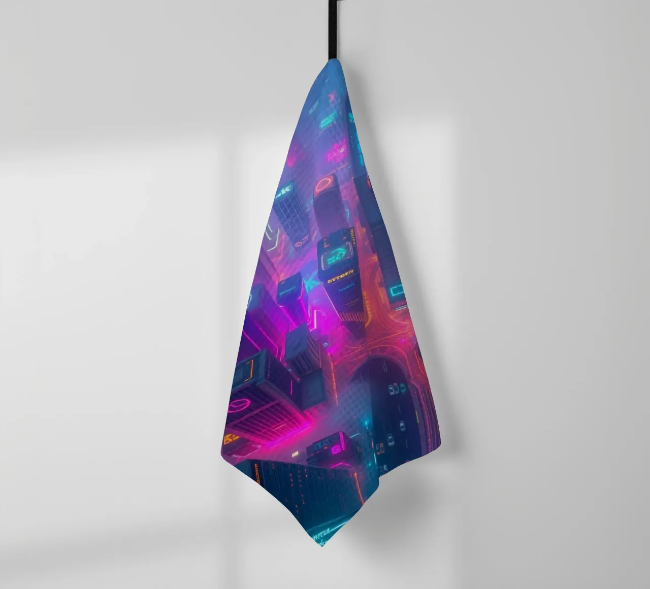 Ligne d'horizon de la ville au néon vibrant avec des bâtiments abstraits lumineux torchon de DesignDoodle
