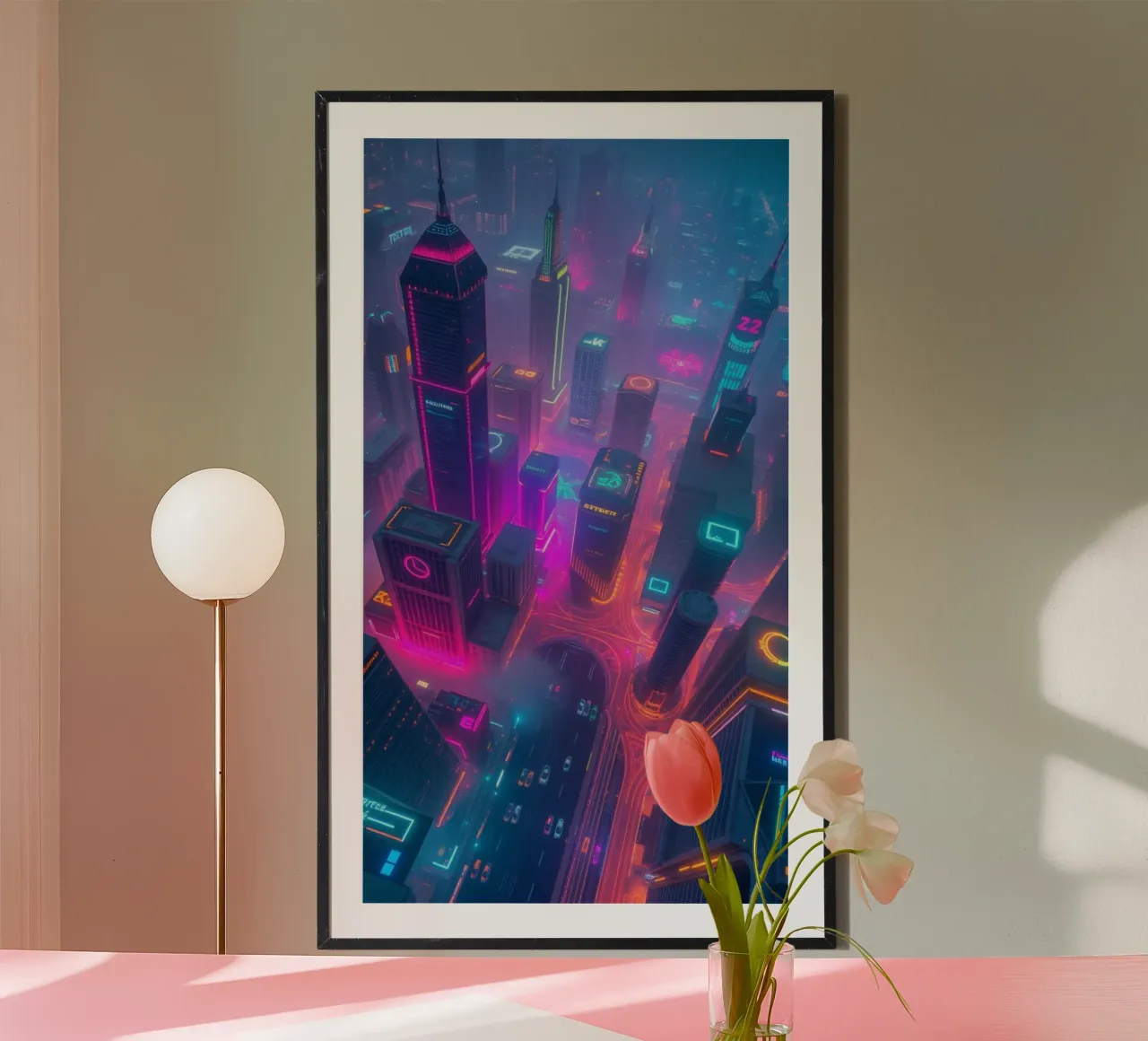 Vibrante skyline della città al neon con edifici astratti e luminosi poster da DesignDoodle