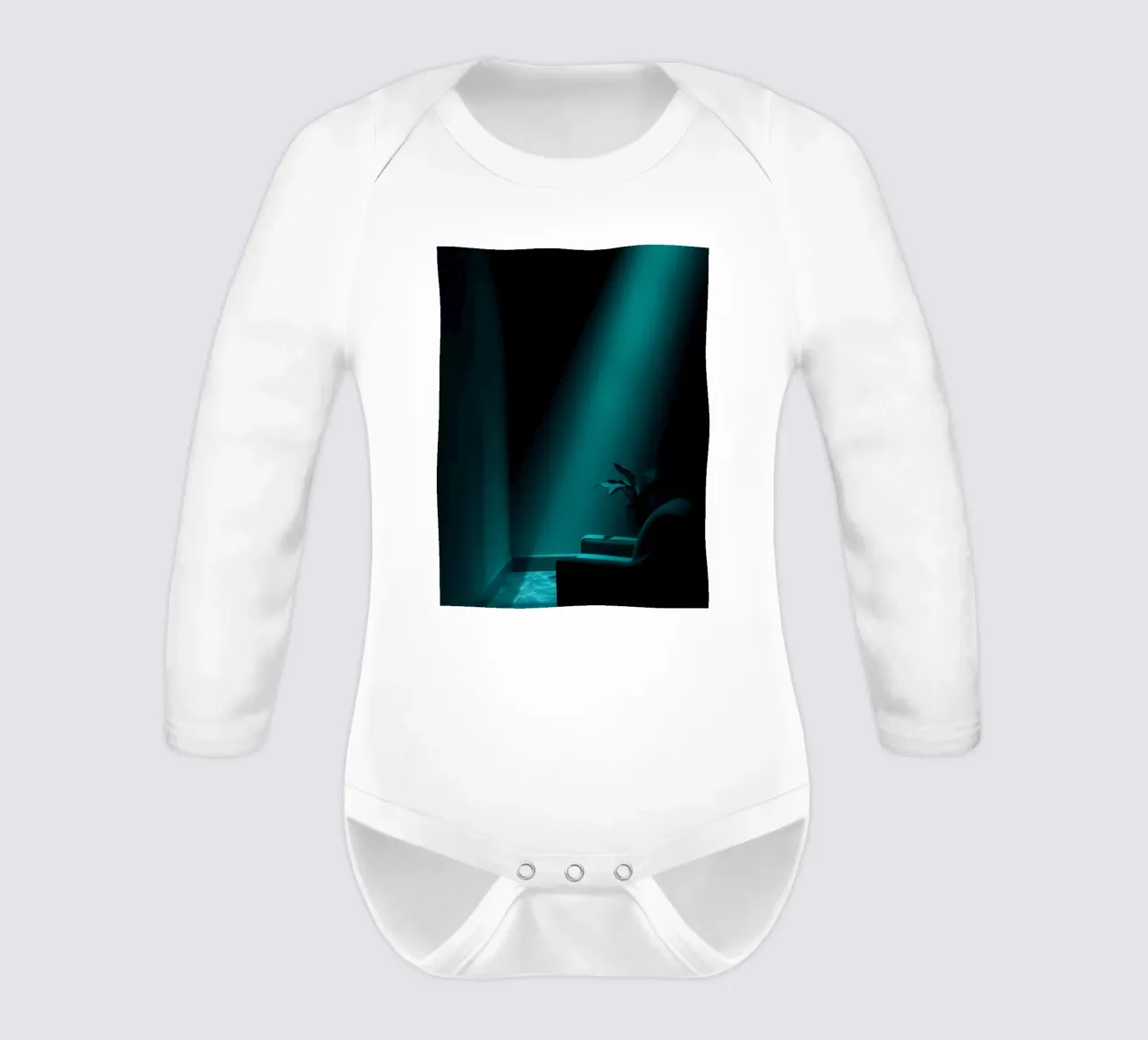 Moody abstract with teal lighting and minimalist design long-sleeve baby romper by DesignDoodle