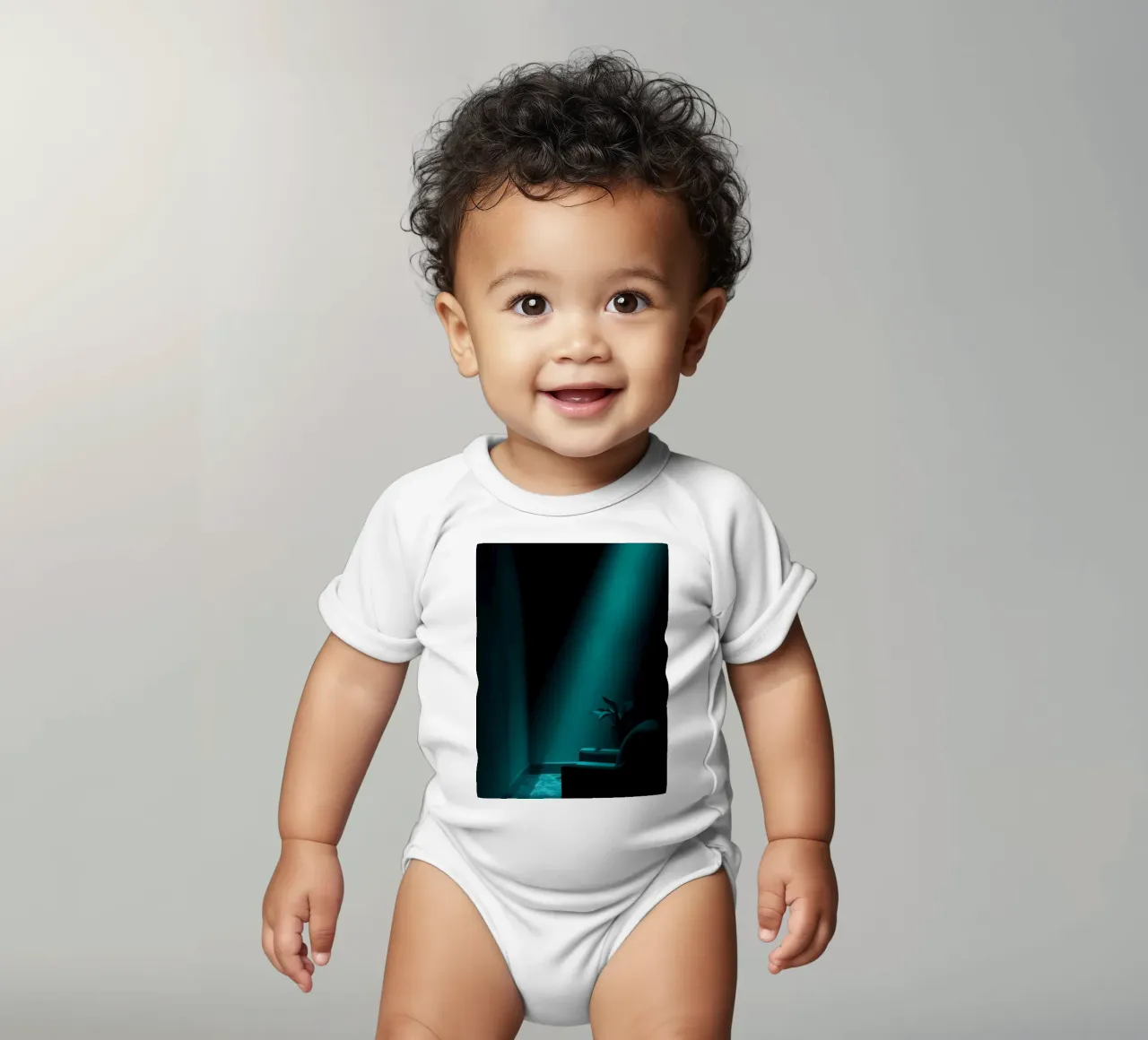 Moody abstract with teal lighting and minimalist design short-sleeve baby romper by DesignDoodle