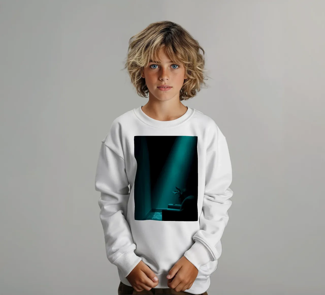 Moody abstract with teal lighting and minimalist design kids sweatshirt by DesignDoodle