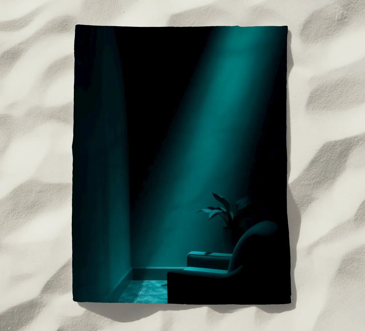 Moody abstract with teal lighting and minimalist design beach towel by DesignDoodle