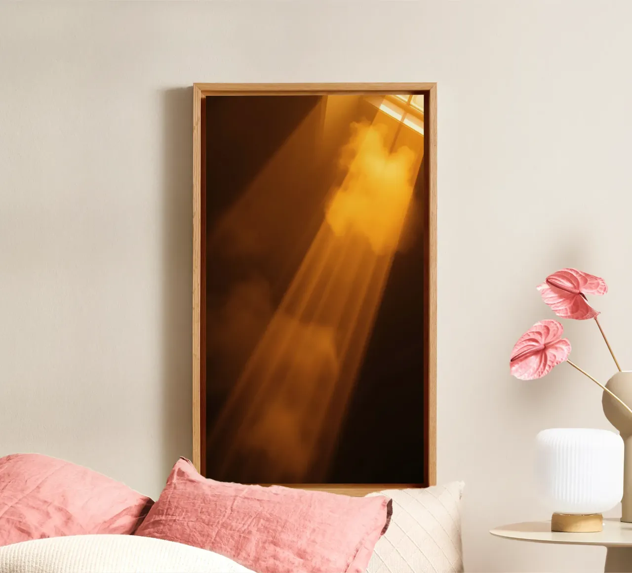 Abstract warm light rays filtering through a dark space canvas by DesignDoodle