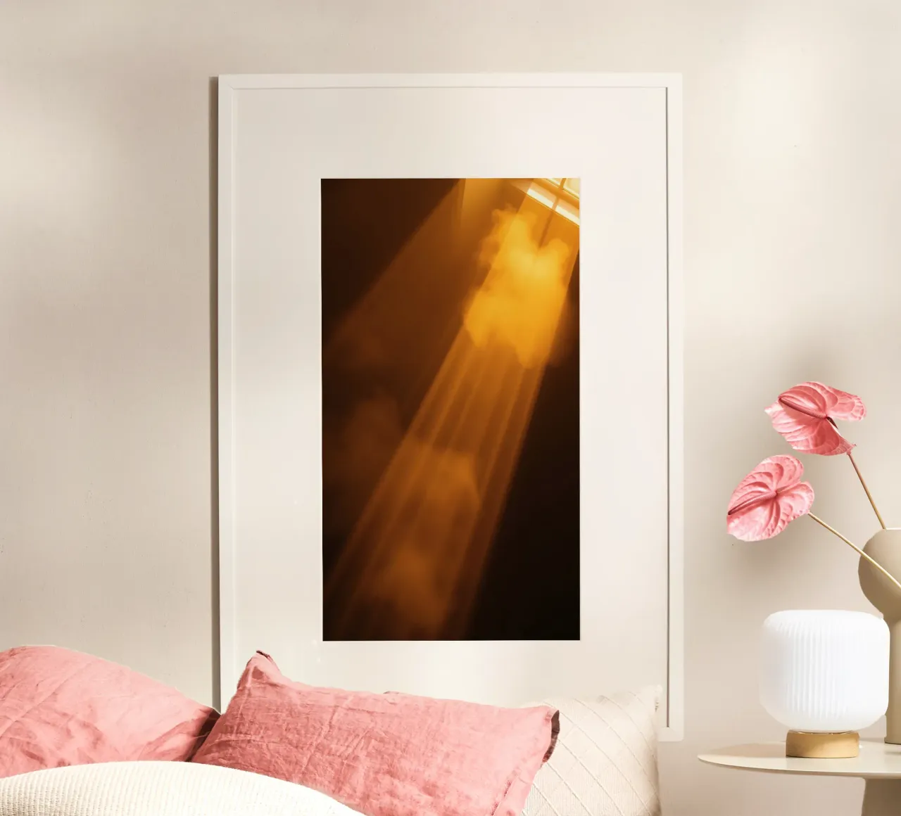 Abstract warm light rays filtering through a dark space hahnemühle by DesignDoodle