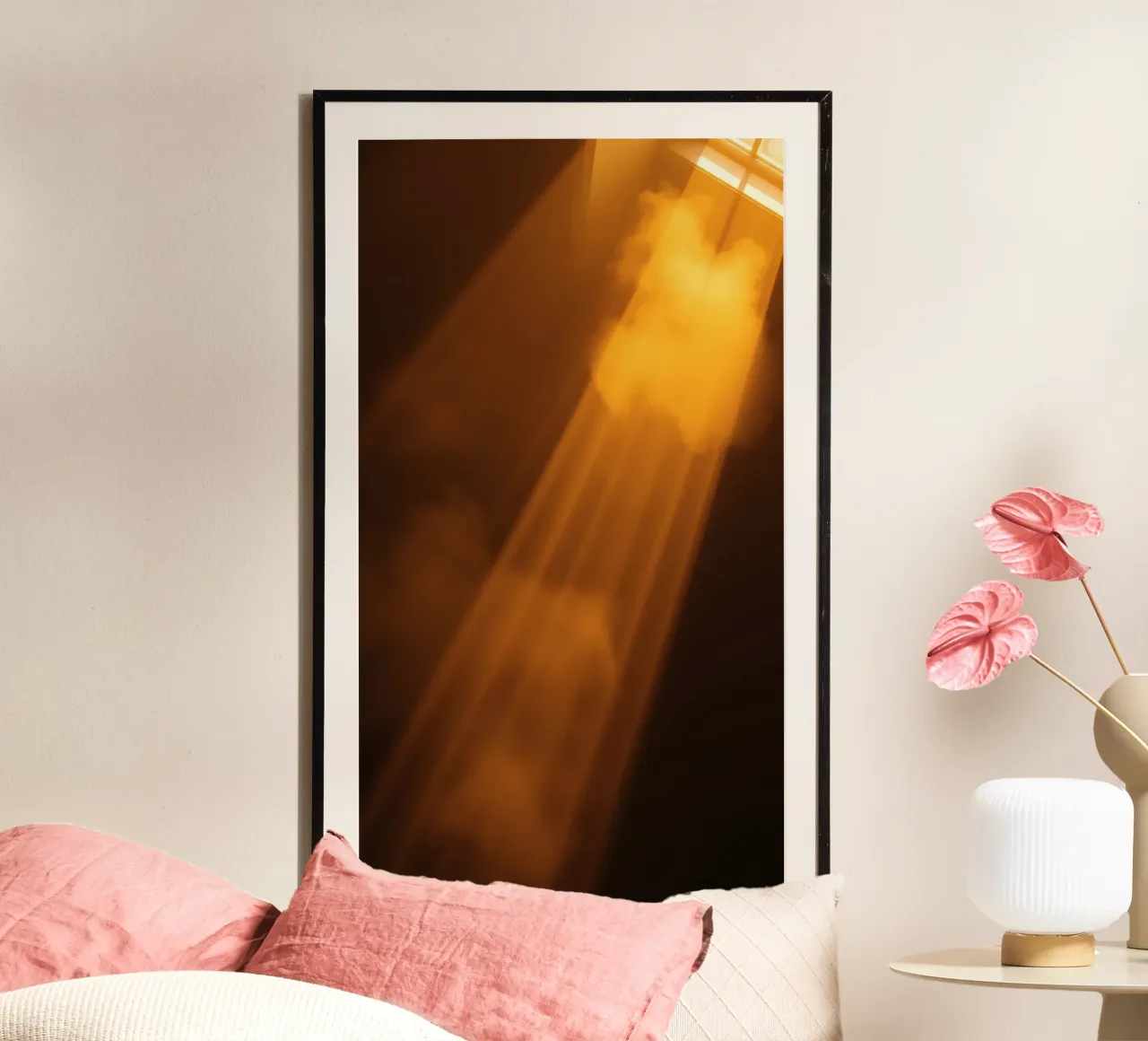 Abstract warm light rays filtering through a dark space poster by DesignDoodle