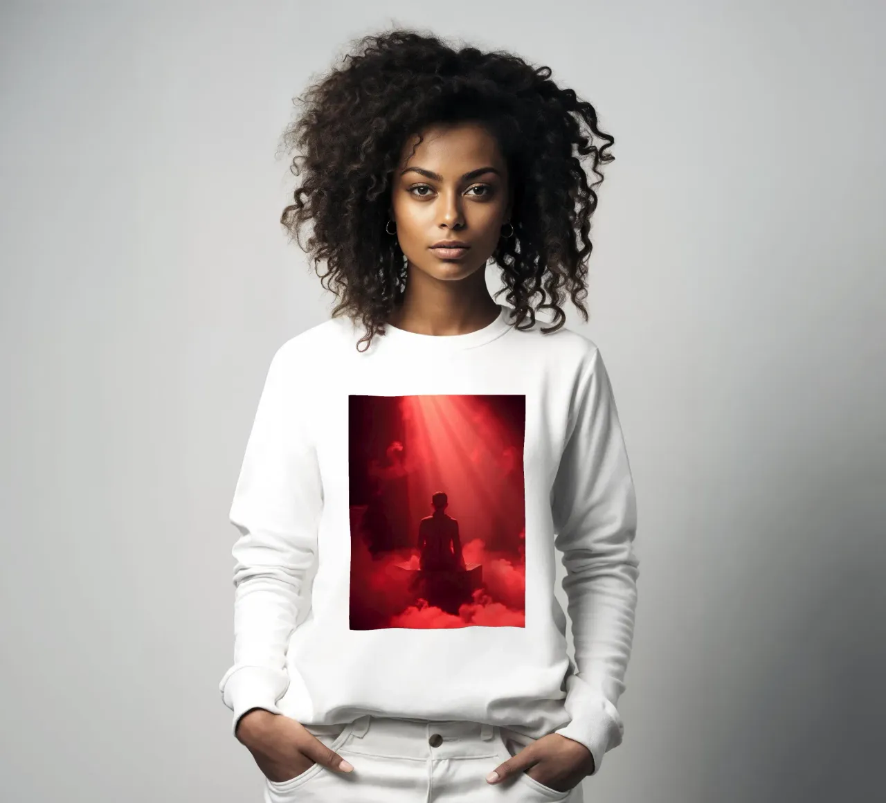 Captivating red light envelops a man sitting on a box in fog sweatshirt by DesignDoodle