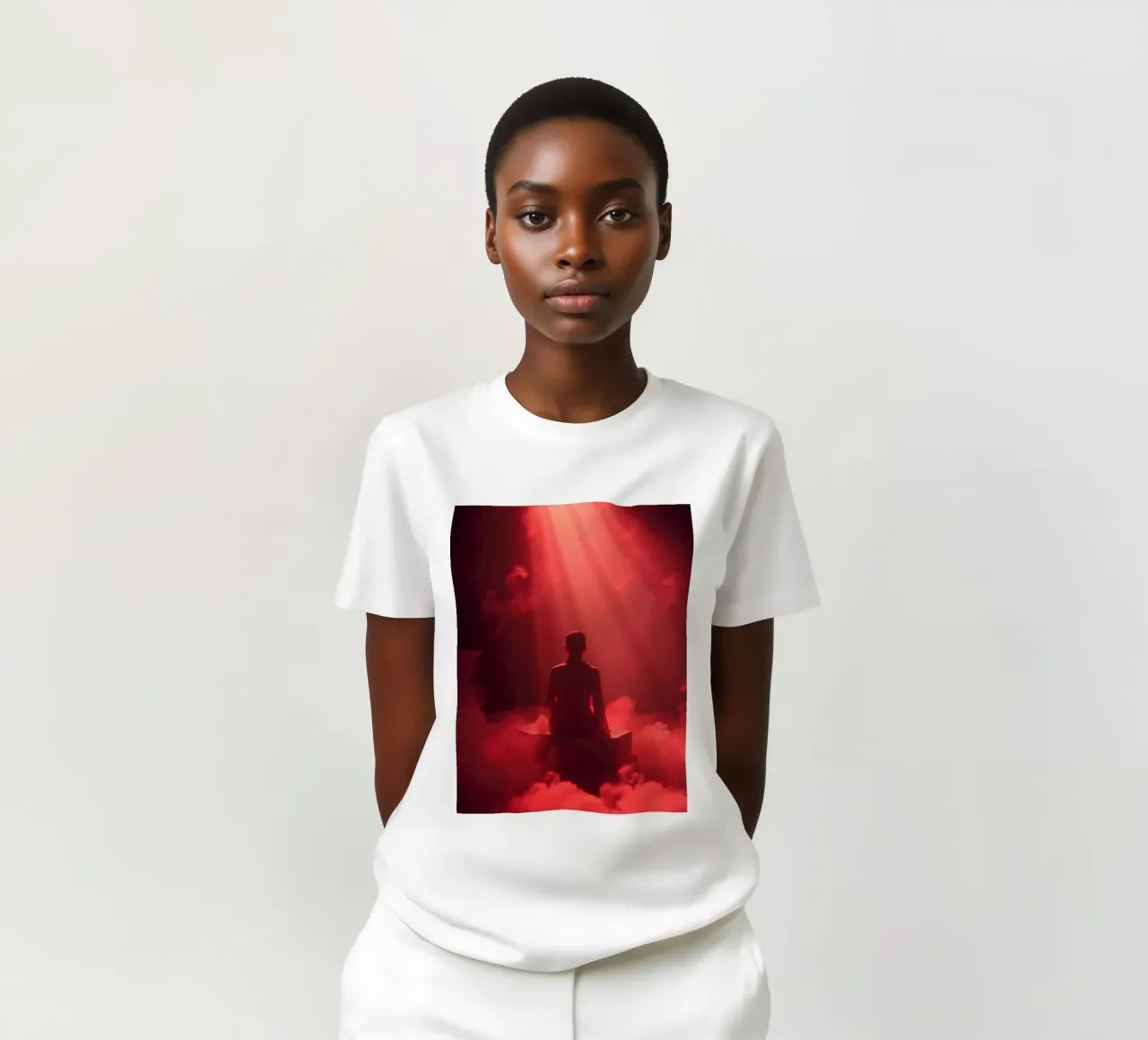 Captivating red light envelops a man sitting on a box in fog t-shirt by DesignDoodle