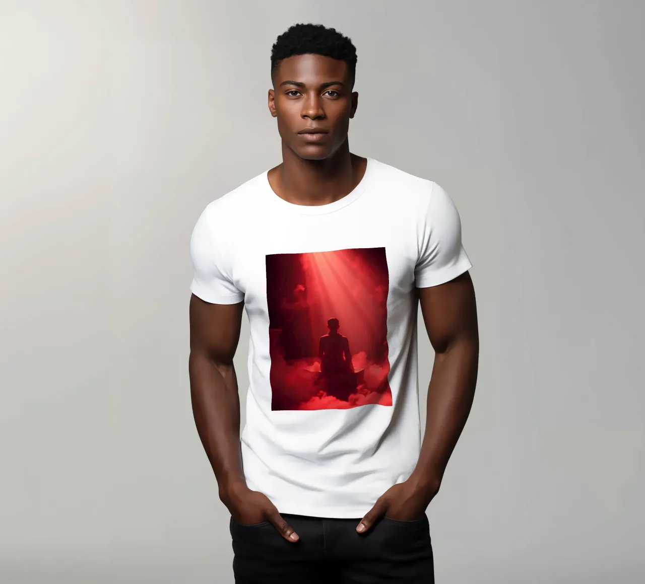 Captivating red light envelops a man sitting on a box in fog t-shirt by DesignDoodle