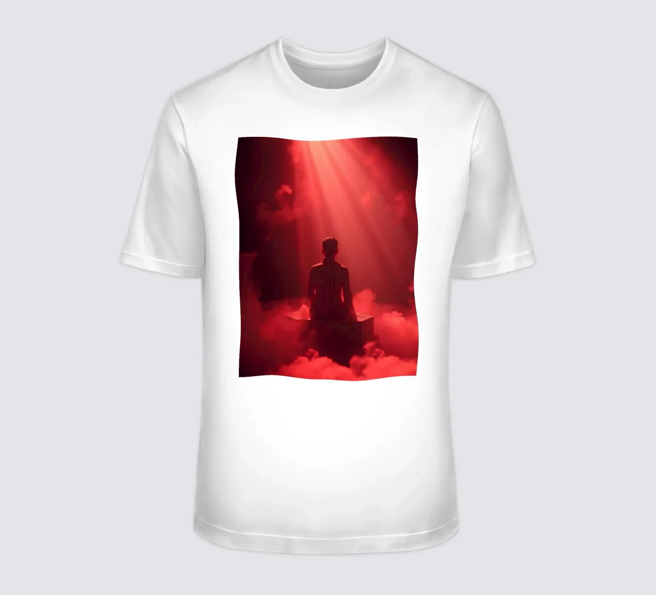 Captivating red light envelops a man sitting on a box in fog t-shirt by DesignDoodle