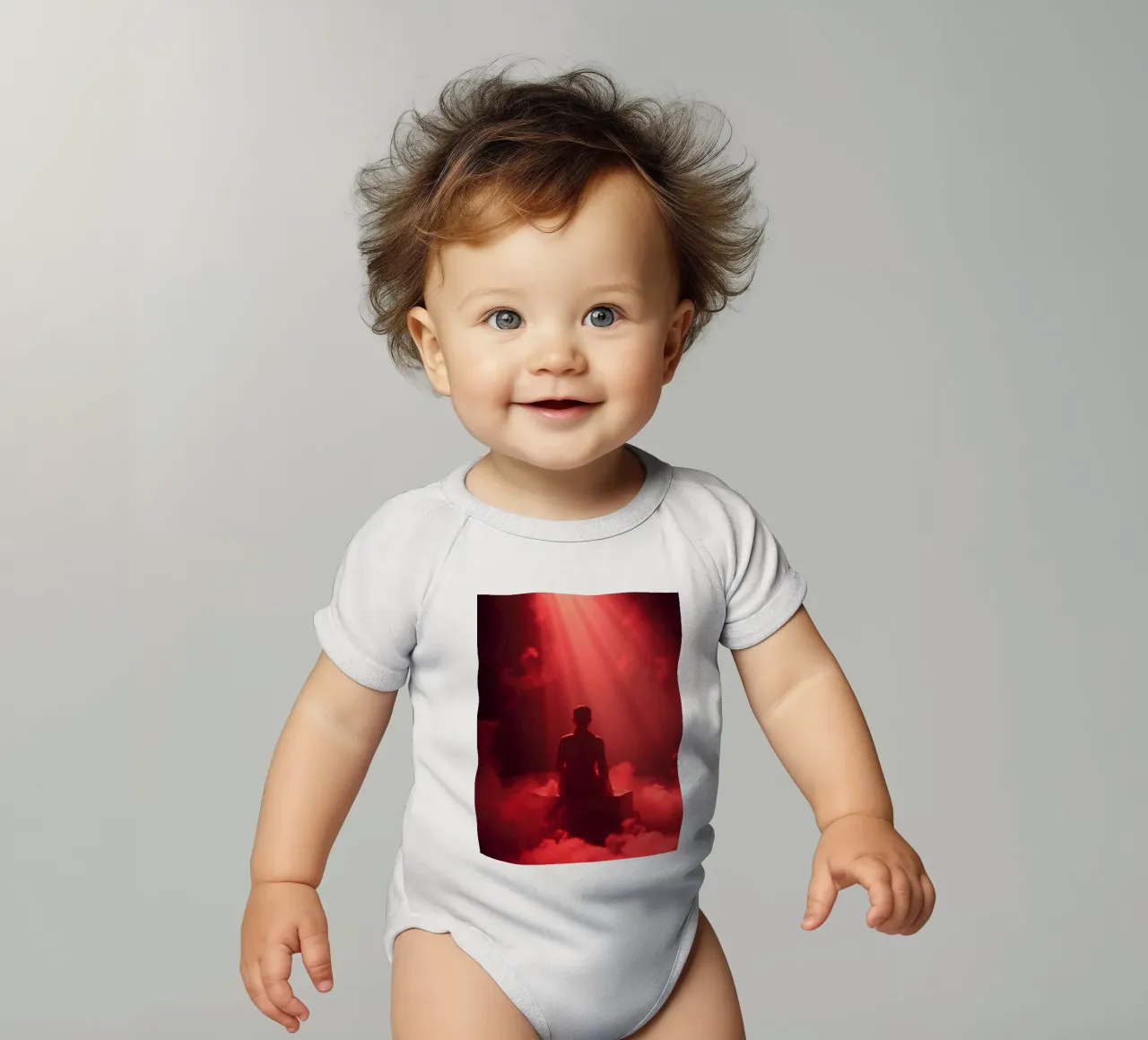 Captivating red light envelops a man sitting on a box in fog short-sleeve baby romper by DesignDoodle