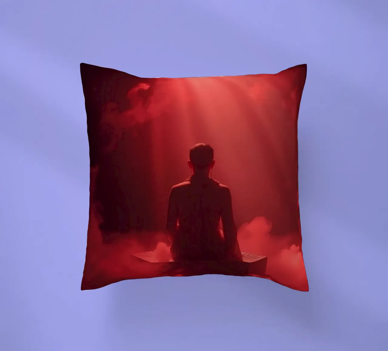 Captivating red light envelops a man sitting on a box in fog decorative cushion by DesignDoodle