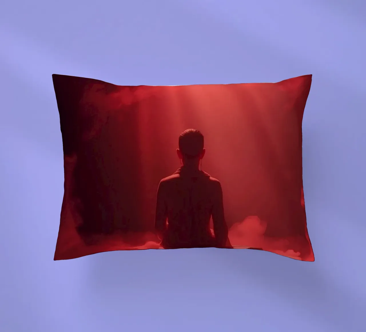 Captivating red light envelops a man sitting on a box in fog decorative cushion by DesignDoodle