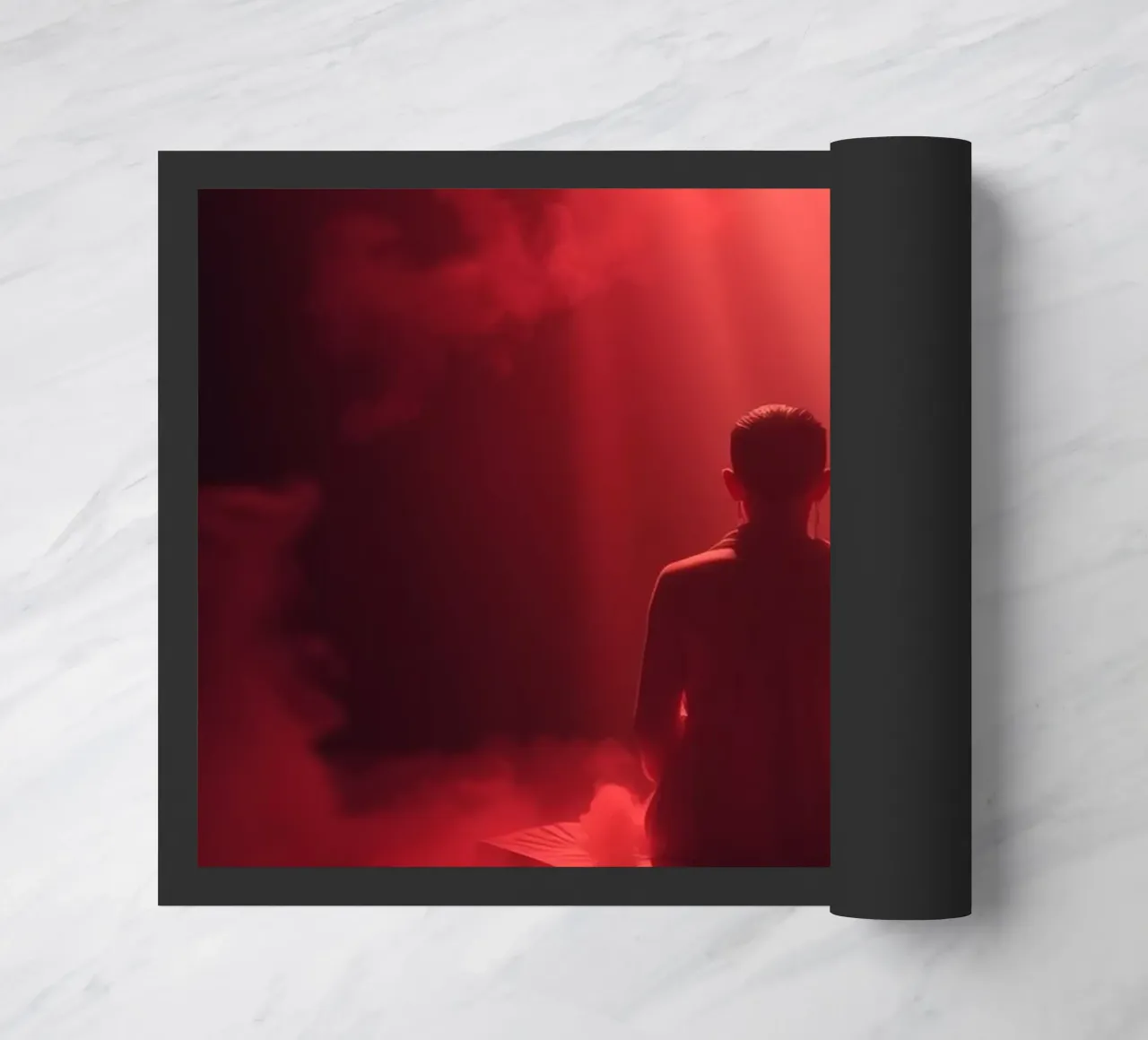 Captivating red light envelops a man sitting on a box in fog doormat by DesignDoodle