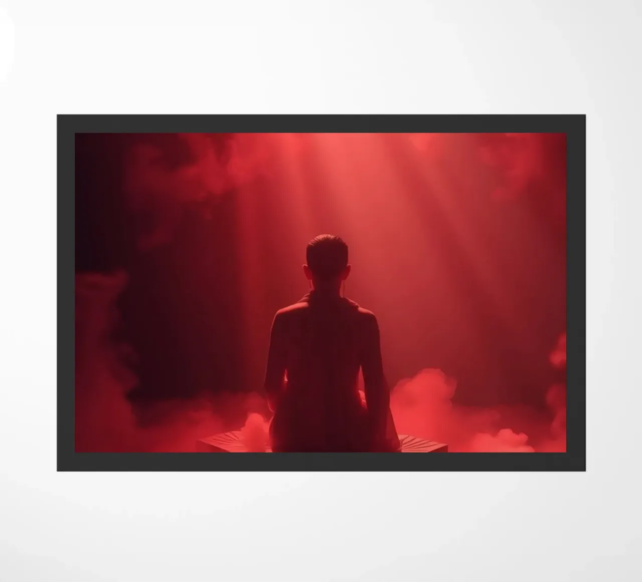 Captivating red light envelops a man sitting on a box in fog doormat by DesignDoodle