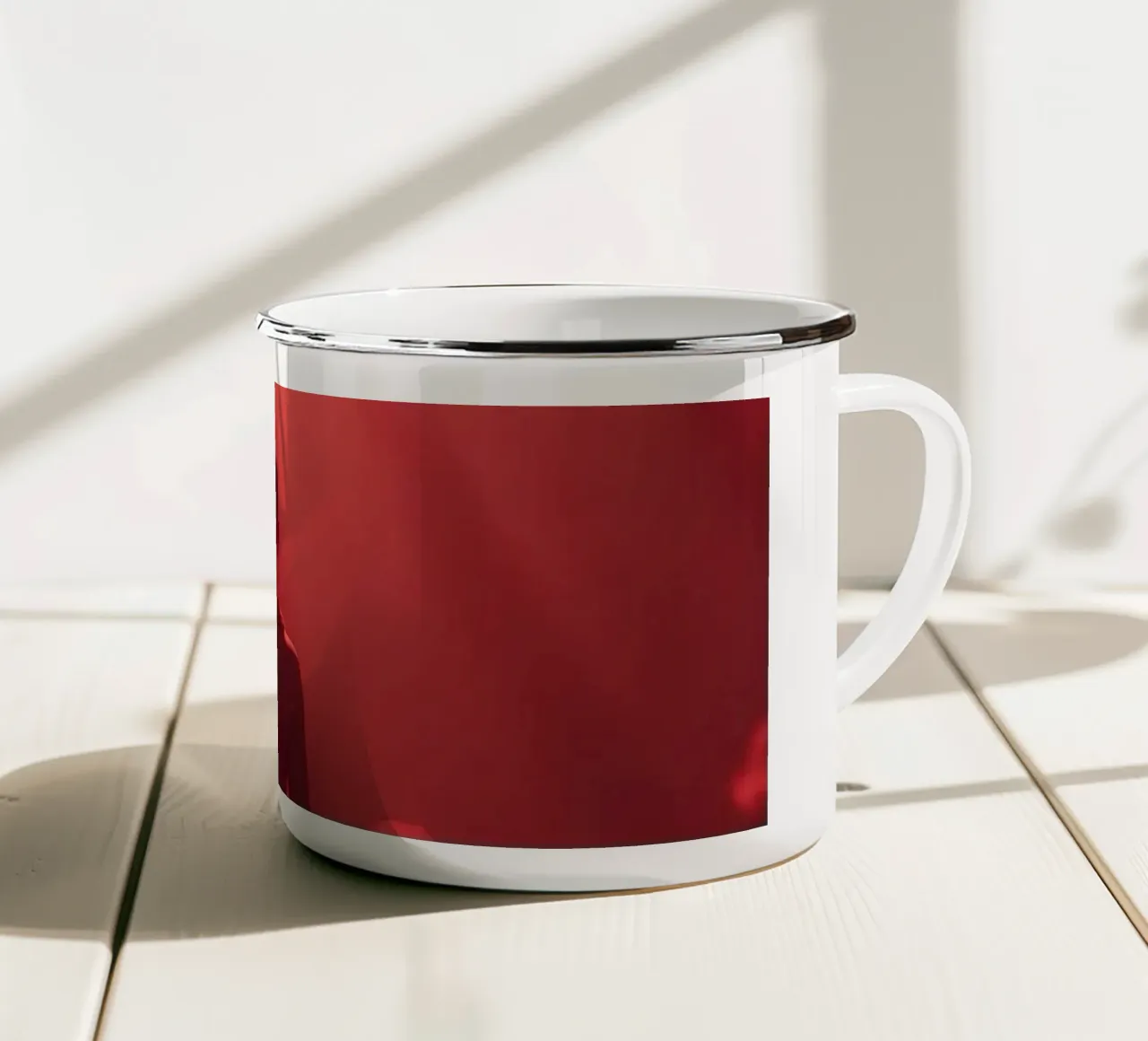 Captivating red light envelops a man sitting on a box in fog enamel mug by DesignDoodle