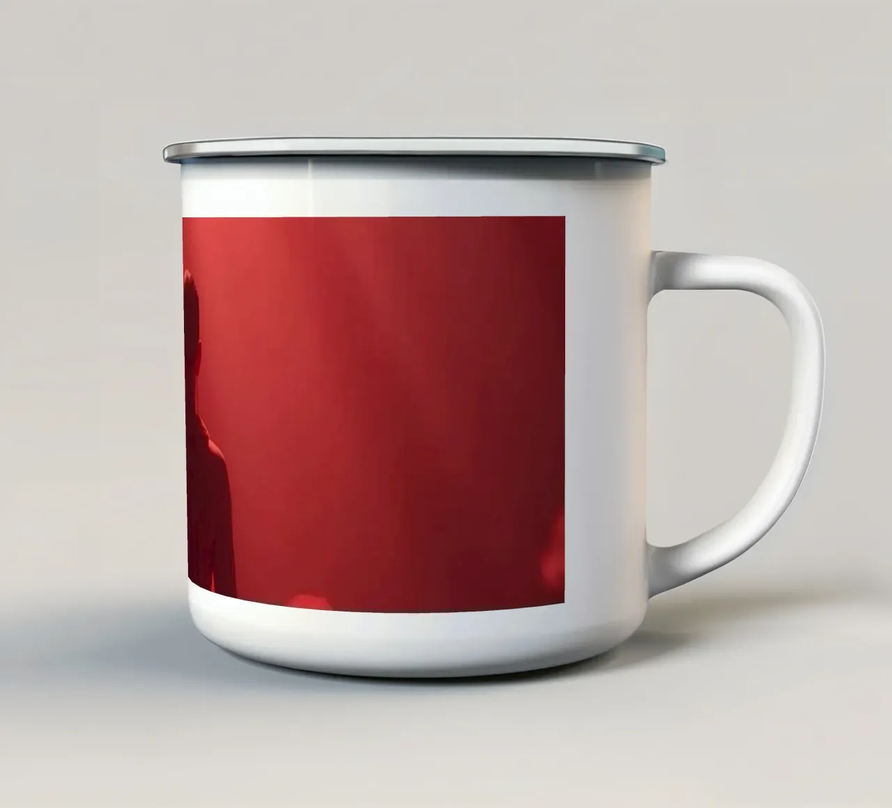Captivating red light envelops a man sitting on a box in fog enamel mug by DesignDoodle