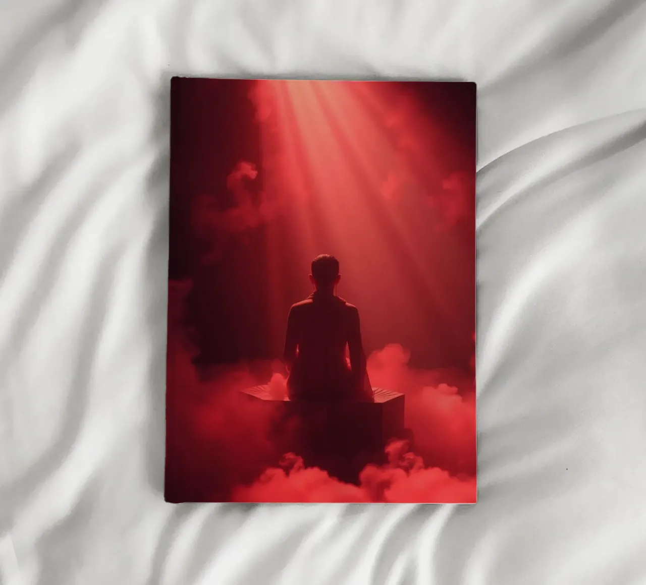 Captivating red light envelops a man sitting on a box in fog notebook by DesignDoodle