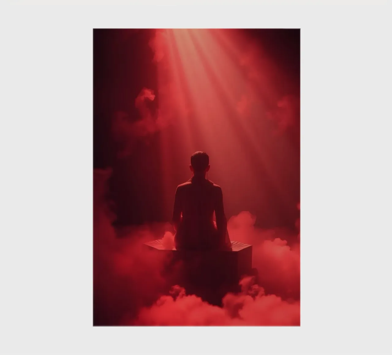 Captivating red light envelops a man sitting on a box in fog notebook by DesignDoodle