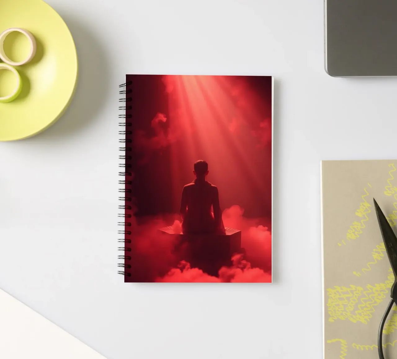 Captivating red light envelops a man sitting on a box in fog spiral notebook by DesignDoodle