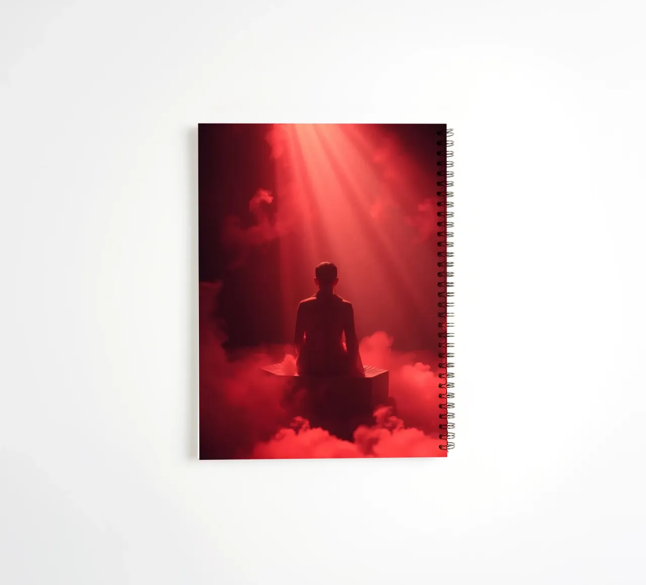 Captivating red light envelops a man sitting on a box in fog spiral notebook by DesignDoodle