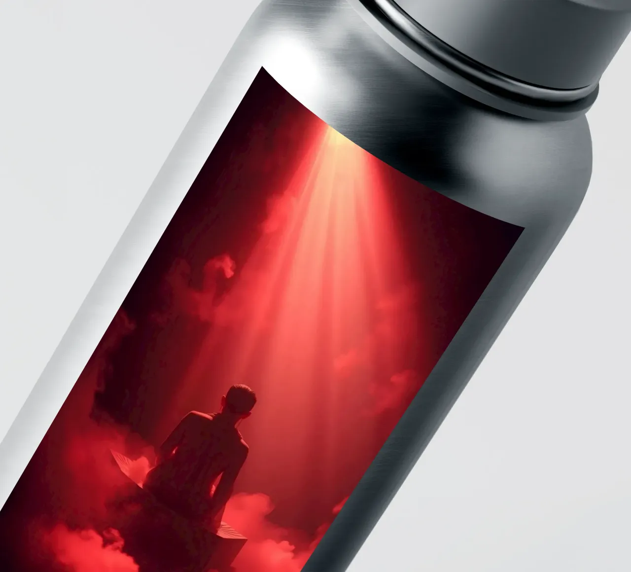 Captivating red light envelops a man sitting on a box in fog sticker by DesignDoodle