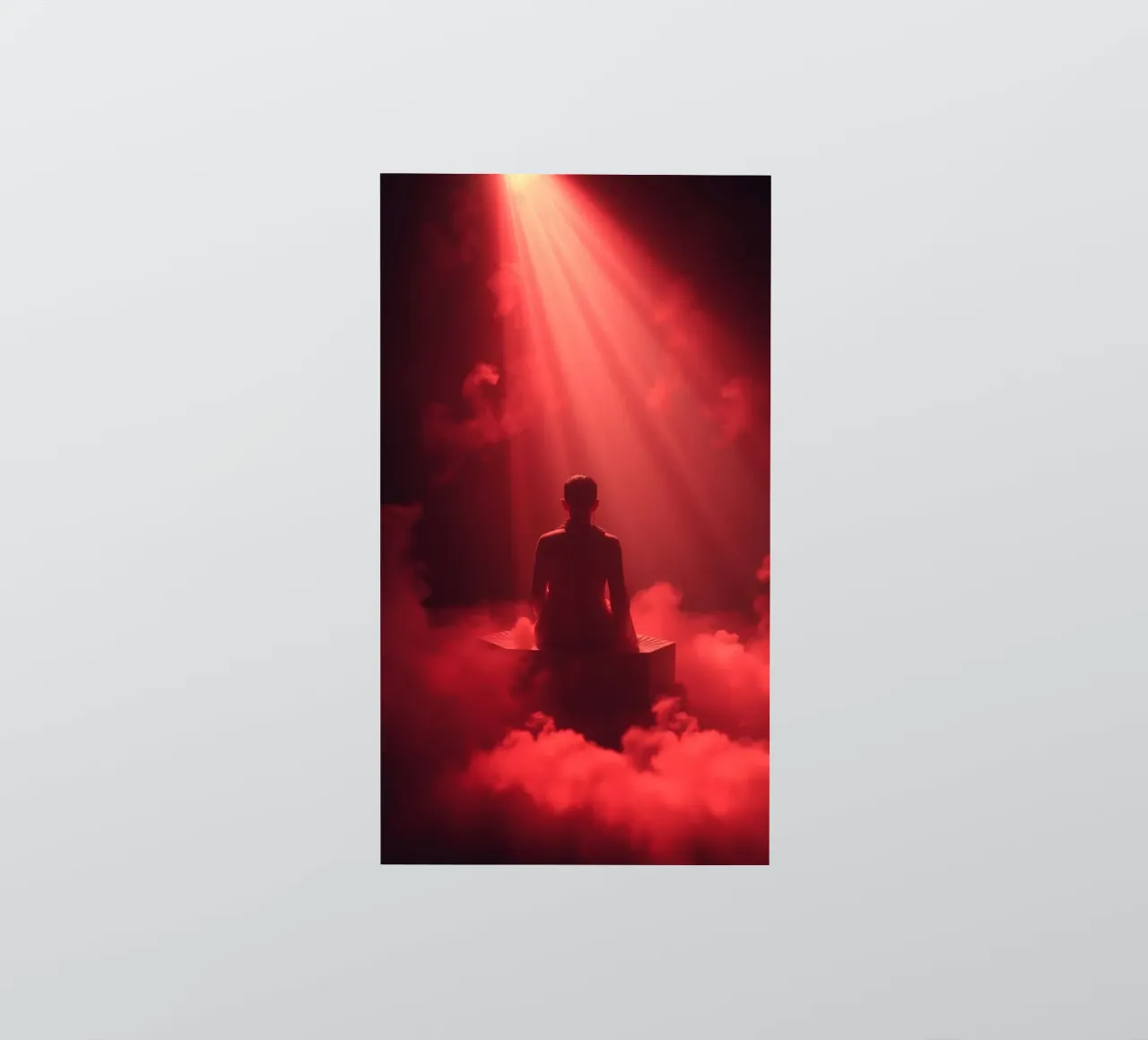 Captivating red light envelops a man sitting on a box in fog sticker by DesignDoodle