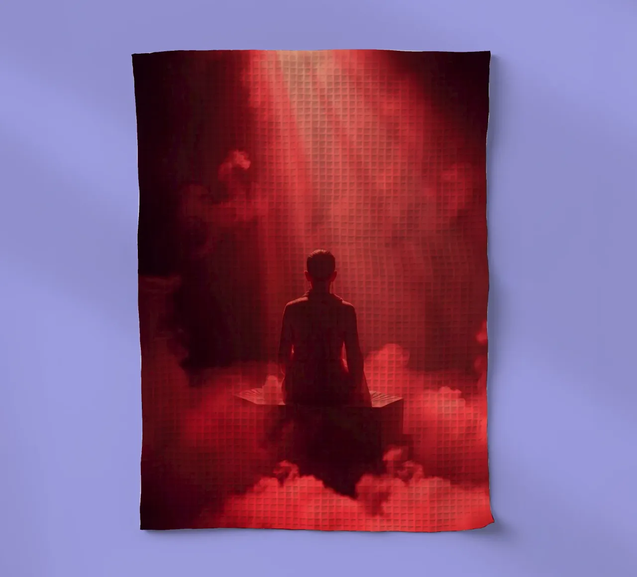 Captivating red light envelops a man sitting on a box in fog tea towel by DesignDoodle