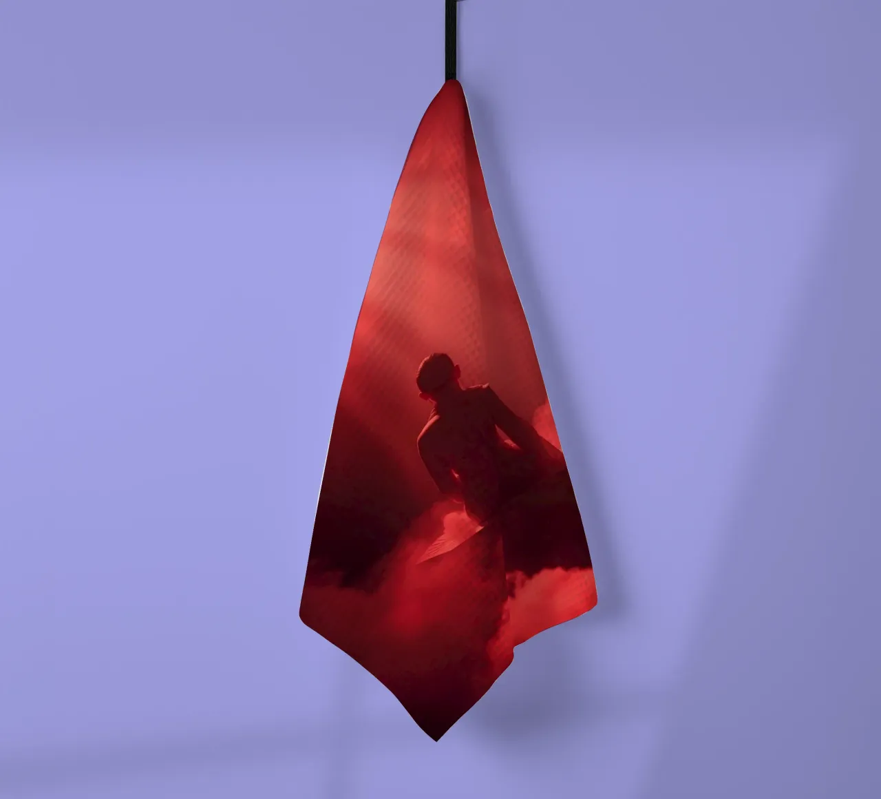 Captivating red light envelops a man sitting on a box in fog tea towel by DesignDoodle