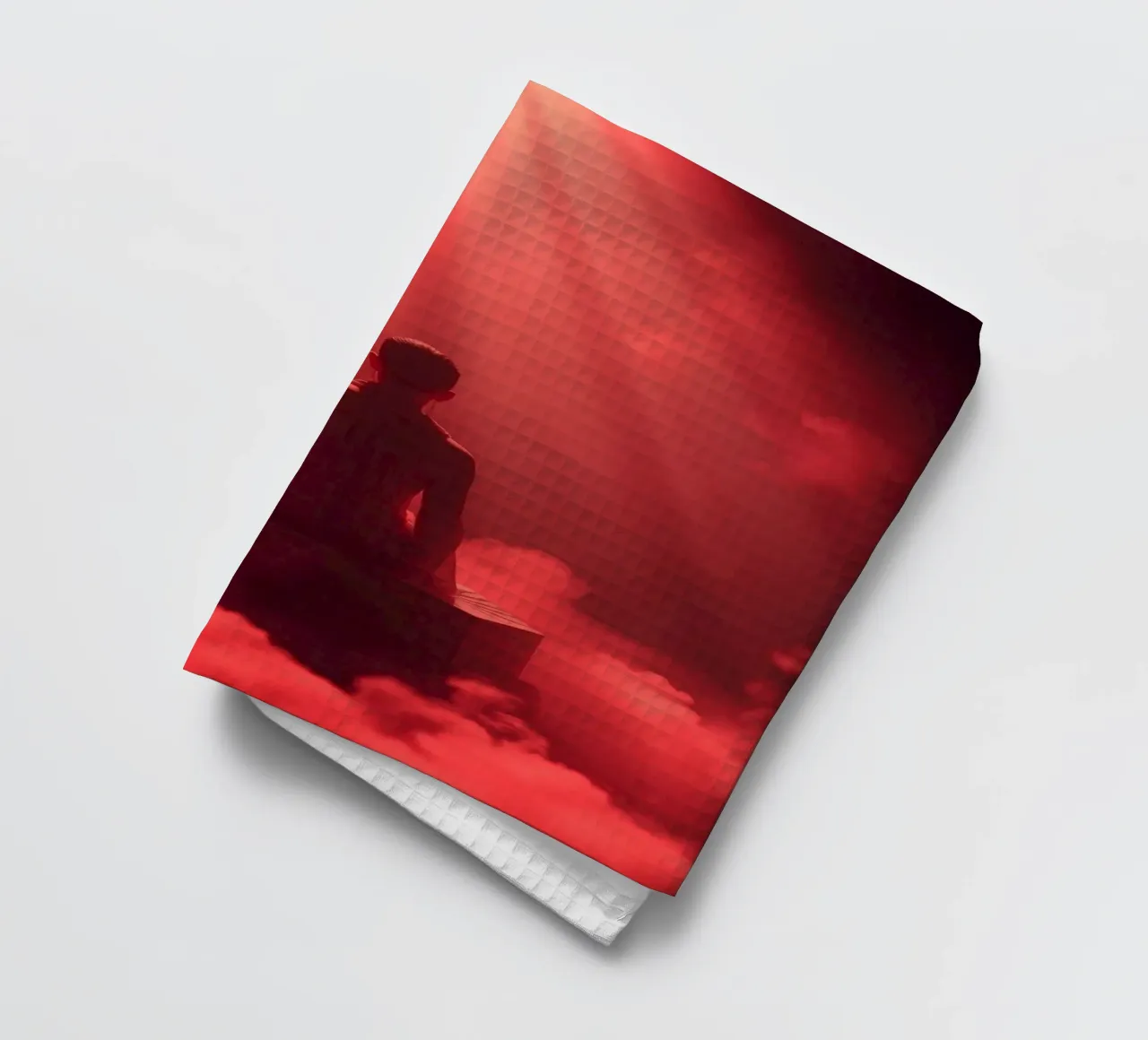 Captivating red light envelops a man sitting on a box in fog tea towel by DesignDoodle