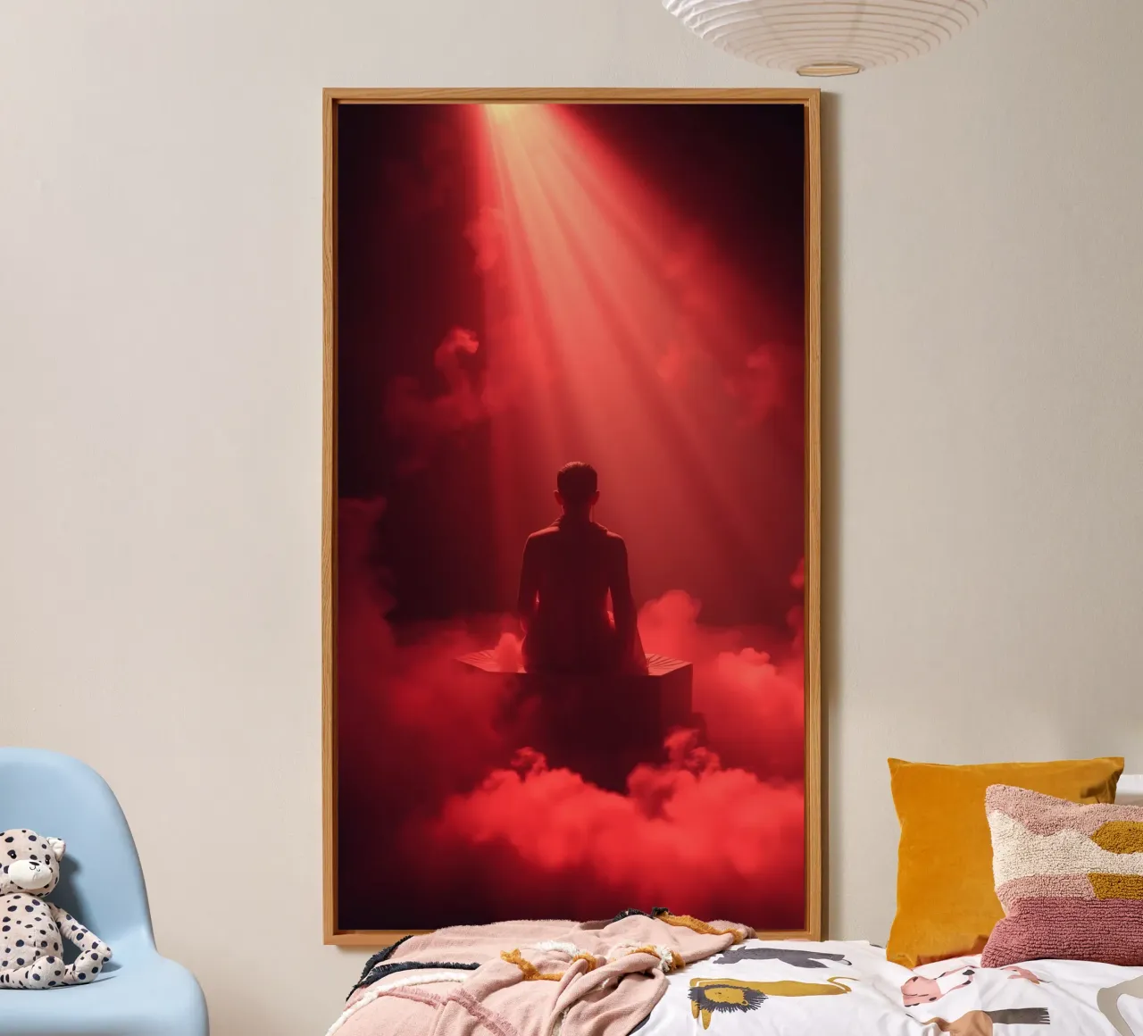 Captivating red light envelops a man sitting on a box in fog alu-dibond by DesignDoodle